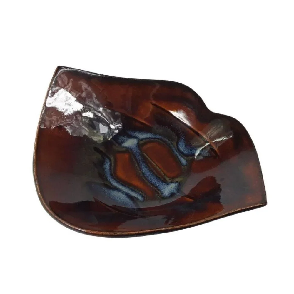 Vintage Hilborn Canadian Pottery Bowl Brown Blue Swirl Bowl Trinket‎ Dish 7.75